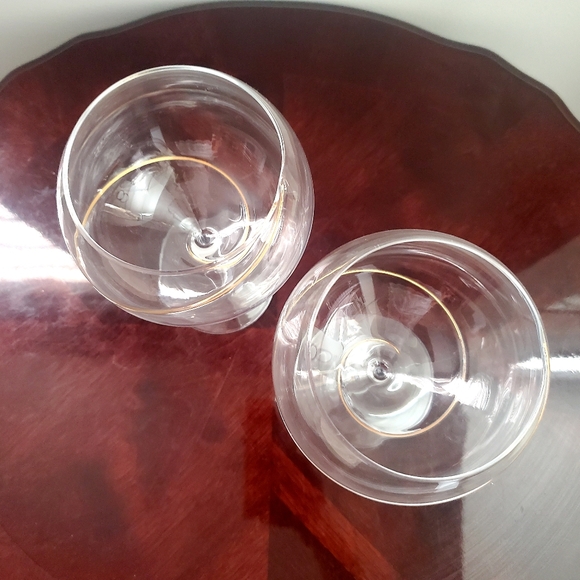 Balloon Wine Glass 2pc set Gold Swirl Ring Applique Tall Elegant Stem Luxe MCM - Picture 5 of 5